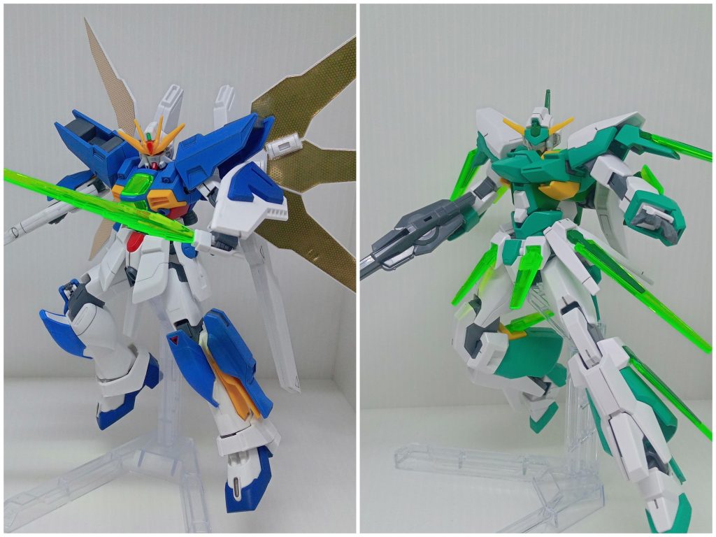 【青】“ダブルエックス ブルームーン”夏は照り返しがキツい。【緑】“ガンダムAGE-FX エメラルド”植物と話せるとか話せないとか。