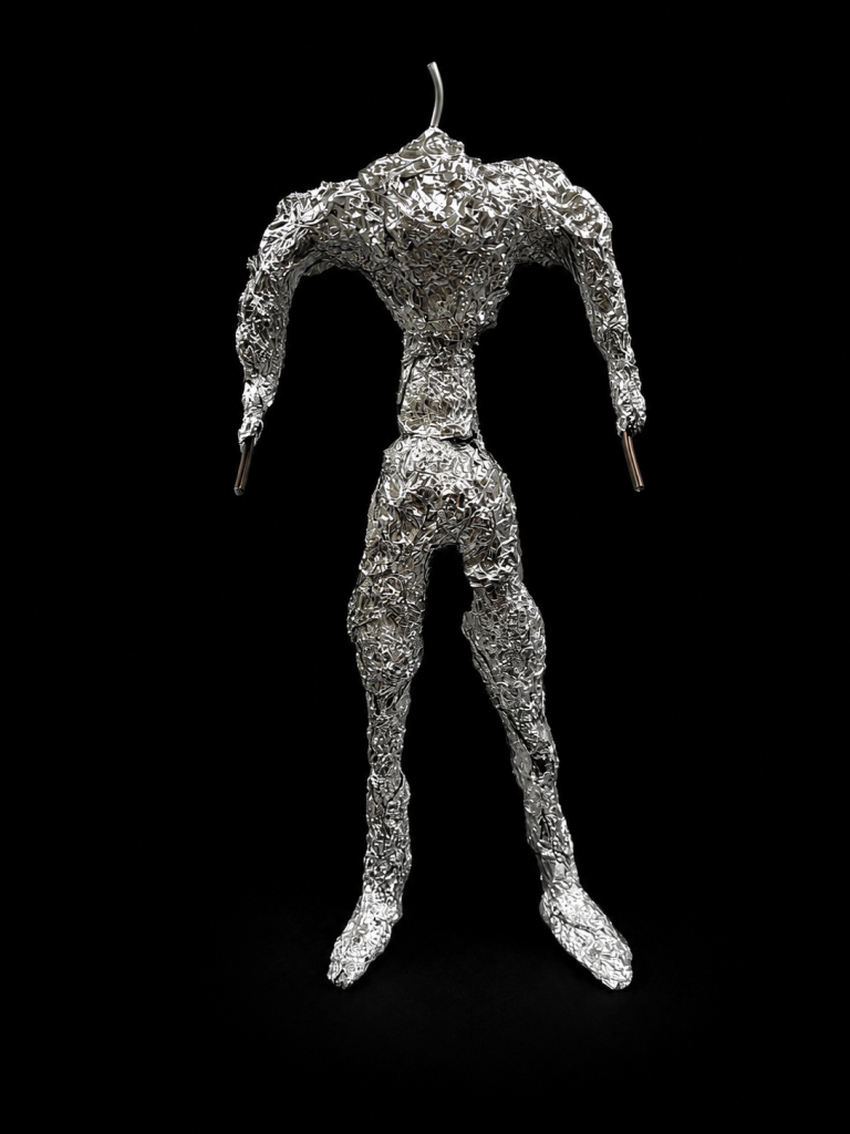 そして、ここまで遡りました。これが「一閃」の始まりです。針金で骨格を作り、アルミホイルを巻いただけの素体。 この時点では、巨大なライザーソードも、GN粒子も、浮遊する構図もありません。あったのはただ一つ。「今までで一番、躍動感のある作品を作りたい。」その想いだけでした。作って、壊して、考えて、また作る。 最初に思い描いた構図さえ途中で変えながら、一つずつ「一閃」に近づけていきました。完成から始まり、制作の時間を逆に辿ってきた今回の投稿。 最後に残ったのは、この何者でもなかったアルミホイルの素体です。すべての作品は、こんな小さな「やってみよう」から始まる。そしてここから―― 「一閃」は生まれました。最後まで見ていただき、ありがとうございました。100均粘土ビルダー まろじろう 『一閃』――完。