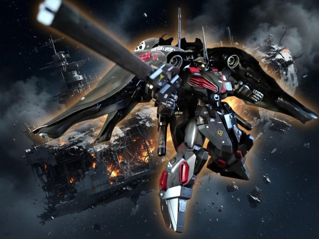名称:ARX-HBLR-99「アークブラスト・ロングレンジ・ハイパービームライフル」通称：- アークブラスト- 艦砲級携行砲- “戦艦殺し”# 基本コンセプト宇宙世紀後期シャアの叛乱時に試作された、「MSサイズで戦艦主砲を運用する」という狂気的思想の超長距離メガ粒子砲。本来は艦載砲クラスでしか成立しない出力を、外部ジェネレーターシステムと圧縮メガ粒子加速機構によって、MS携行火器へ無理矢理縮小した兵装。思想的には、- ハイメガランチャー- メガ・バズーカ・ランチャー- コロニーレーザー技術系統の発展型。# 外観・構造砲身はMS全長に迫る超長砲身。特徴：- 多層加速レール内蔵砲身- 冷却用スリット装甲- 可変収束バレル- 砲口周囲のIフィールドリング- 後部エネルギー収束ユニット通常のビームライフルではなく、「半固定式艦砲を携行している」レベル。動力システム:# 単独運用不可、通常MS出力では使用不能。運用には以下のいずれかが必要：- 外部大型Eパック- 背部サブジェネレーター- 艦艇からの有線供給- 熱核ハイブリッドコンデンサ機体背部肩部バインダーユニットにて、「放熱兼エネルギーバッファ」を備えている。# 発射機構## ミノフスキー超圧縮メガ粒子砲通常のビームライフルは、メガ粒子をIフィールドで成形して射出する。アークブラストはさらに、1. 粒子を超高密度圧縮2. 螺旋状Iフィールドで保持3. 多段加速4. 収束を維持したまま長距離射撃を行う。結果、戦艦級メガ粒子砲並みの威力をMS携行火器で実現した。# 威力## 通常射撃MSを蒸発レベルで貫通、装甲ごと内部構造を焼き切る。ユニコーン級防御でも直撃は危険。## 最大出力「アークブラストモード」数秒チャージ後、超高密度ビームを発射。威力：- 戦艦を艦首から貫通- 要塞外壁を融解- 艦隊隊形を一撃で崩壊- コロニー隔壁すら損傷可能一撃必殺級。&nbsp;特殊性能:# 超長距離狙撃高収束状態では、ミノフスキー粒子散布下でも異常な精度を持つ。理由：砲身内に簡易サイコミュ補正機構を搭載。ニュータイプや強化人間が使用すると、「未来位置予測射撃」が可能。## Iフィールド貫通特性高密度メガ粒子束が、通常Iフィールドを飽和突破。戦艦級防御ですら防ぎきれない。ただしビーム偏向兵装相手には相性差が出る。# 欠点・制約1. 発射硬直が致命的最大出力時は、機体全身で姿勢固定が必要。発射中は回避困難。下手をすると反動で姿勢崩壊。## 2. 冷却問題一射ごとに砲身温度が限界域へ達する。連射すると：- 加速レール融解。