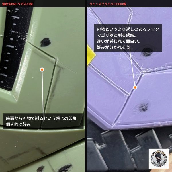 継続朝活も75日目に突入しました!いつも本当にありがとうございます。今回も「スジ彫り」の工程をご紹介します。ゾックの広大な面に間延びしない説得力のあるディテールを追加し、ザクのミリタリー感とどう調和させるか。そこで最も重要になるのが、バッチリとしたブレのないラインを引くためのツール選びです。世の中には様々な優れたツールがあり、モデラーそれぞれに合う合わないがあるのは大前提ですが、今回の作業において私のイチオシは「スジボリ堂の量産型BMCタガネ」です!「量産型」という名前がついており、持ち手はプラスチック製ですが、その実力は紛れもなく本物です。無印のタガネと同じ高純度炭化タングステン素材が使用され、職人の手による4面鏡面仕上げが施されています。そのため、摩擦抵抗が極めて少なく、余計な力を入れずにタガネの重さだけで「スッ」と撫でるだけで、プラスチックが美しい削り節状の削りカスとなって排出されます。特にゾックのような曲面へのスジ彫りは刃が脱線しやすく、初心者にとってハードルが高い作業ですが、このタガネの確かな切れ味と、扱いやすいブレード基部の厚みが技術をしっかりカバーしてくれました。日々の限られた朝活時間の中でも、この確かなツールのおかげで効率的かつストレスフリーに、純粋に作る楽しさを味わいながら作業を進められています。スジ彫りツールに迷っている方、ステップアップを目指す方がいれば、ぜひ一度この極上の彫り心地を体験してみてください!(6枚目)