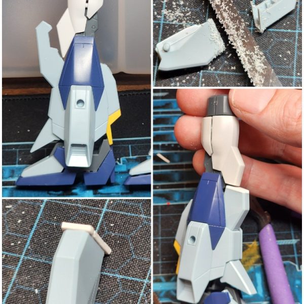 次のプロジェクトでは、「最高にカッコいい」ライトニングガンダムを作ることを目標に、カスタマイズを行っていきます。まずは脚部の延長から始めます。太もものパーツには「ガンダムAGE-IIマグナム」のものを使用しました。ただ、膝周りでパーツ同士の干渉があったため、その調整が必要でした。そこで、パーツをカットして中央で接合し、できた隙間をプラ板で塞ぐ方法をとりました。仕上がりには大満足です。膝の装甲が力強く、印象的な見た目になったと思いませんか?-For my next project I'll be customising a Lightning Gundam with one goal in mind, make it as cool as hell. Here I start with extending the legs. I added some thighs from Gundam Age II Magnum. There were some conflicting parts around the knee which I had to sort. I opted to cut the parts and make them meet in the middle and covered the hole with plastic. I am super happy with the results. The knee cap looks powerful and striking doesn't it? (1枚目)
