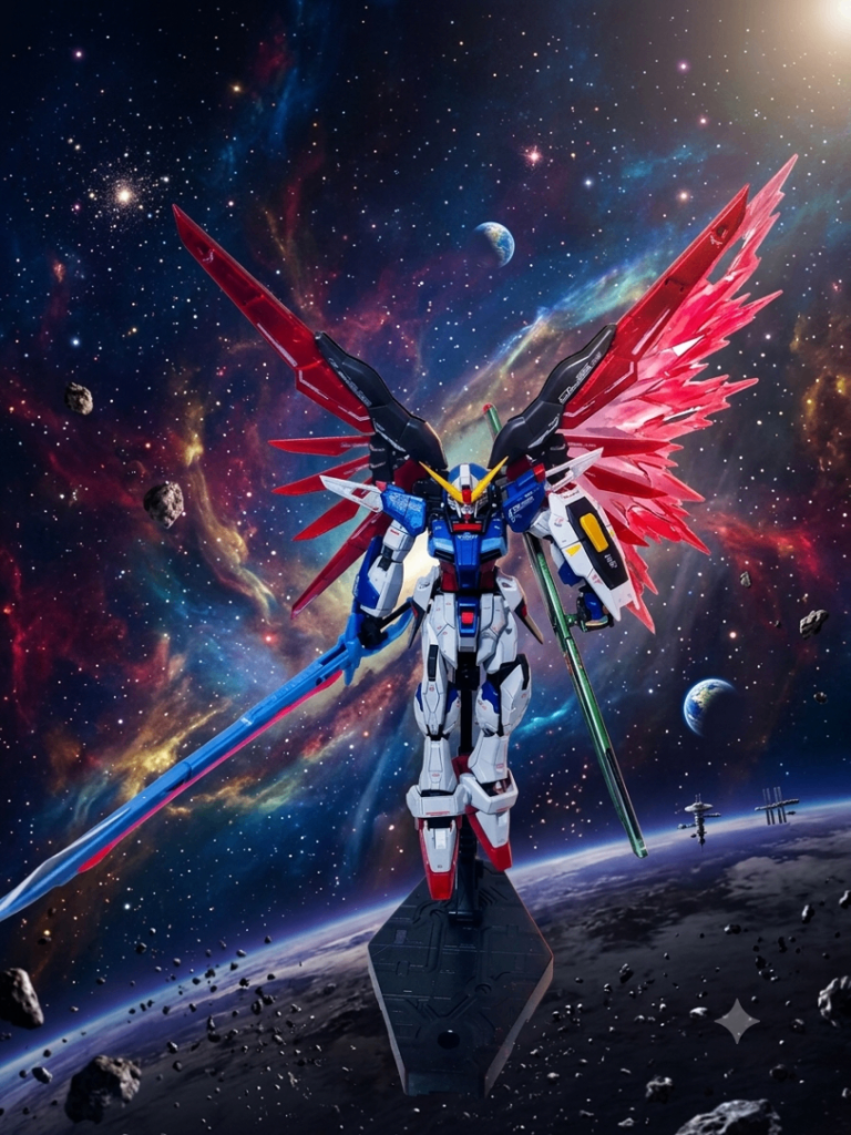 背景を宇宙にしてもらいましたが、何故か片方だけ光の翼らしきものが🫠中古屋で分身がお手軽価格で売っていたので次回は分身はこうやるんだー！！を投稿させて下さい😅いつもの感じだと後1週間ぐらい薬を飲んでいれば治まると思うのでお盆休みにナラティブガンダムを完成させたいと思います！&nbsp;それでは、また🫡