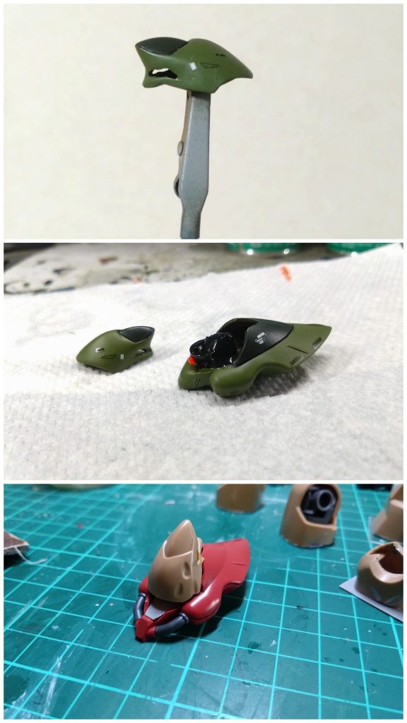 顔パーツの作り方です。前後逆にするだけ。簡単でしょ？パイプは切断しノーズをパテで埋め、モノアイを付ける部品は適当に山を作り、前後逆にした上パーツを形成、調整を重ね⋯簡単じゃなかった！超時間かかりました！でもM型に負けない顔に出来たのではないかと。タイトルのRF型は「Reverse Face」としています。
