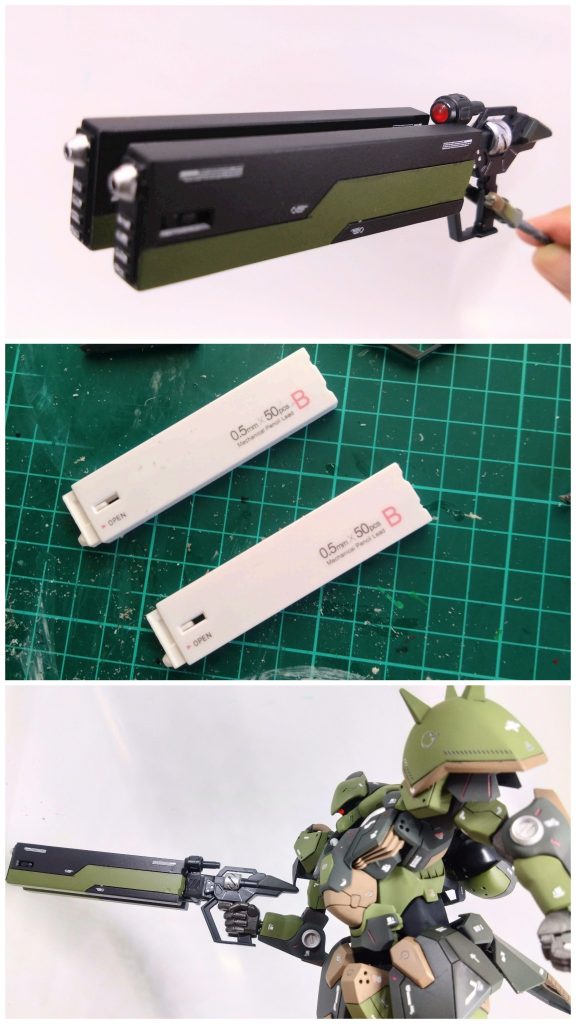 私的に今回一番やってやったぜ感を出したかったオリジナルのライフル。まんまシャー芯ケースです。学生モデラーさんにはお馴染みの形ではないでしょうか。本来のメッサーのライフルが好みでなく、根元の部分だけ残してカット。形は凄く気に入ってるんですがとにかく重い！宇宙空間で飾りたい！