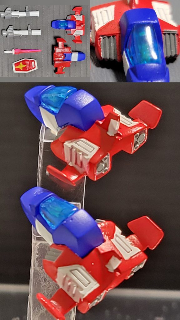 最後のコアファイター(×2)武器セットもコクピットをクリア化とパイロットを乗せてます😸コアファイターの後部の形状が設定と違っていたので少し修正しました。しかし、これの最大の難点は同じ物を2個作るというのが最大の苦行でした😸