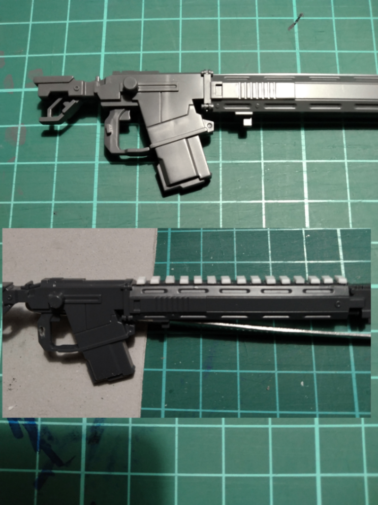 武器のディテールアップオリジン版のザクは武器も多いしとにかく長いので拝借しました。RGに比べてやはりHGの物はモールドが少ない印象があって、どうにか短時間でできないかなと思い考えたのがコレです。プラ板を足せばモールドもディテールも増えるじゃん、という安直に考えてやってみました。プラ板の切り口が斜めになったり等間隔に置けなかったり意外と手間暇かかりました。グリップの部分の保持用のダボの大きさや長さが足りなかったので穴を開けています。