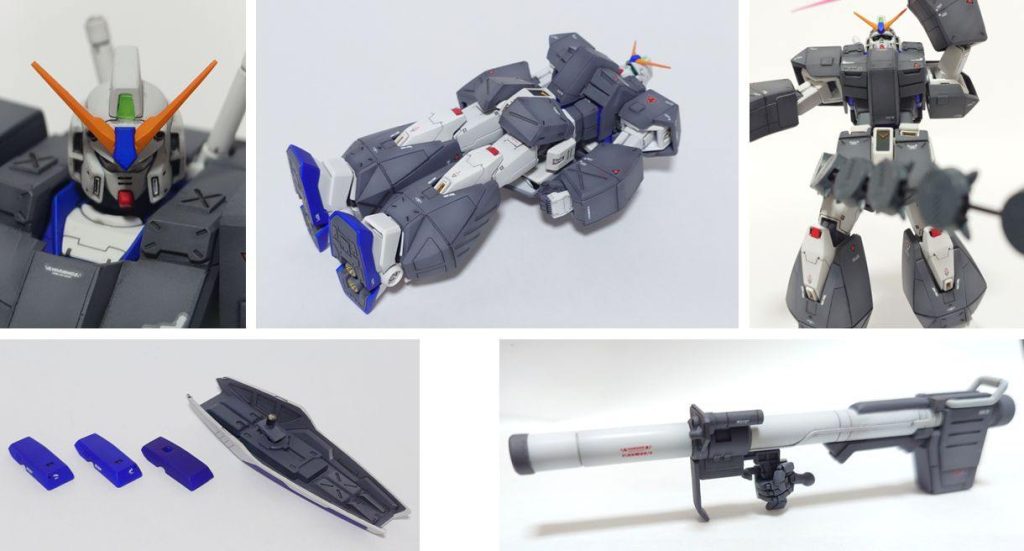 拡大写真は粗が目立つので恥ずかしい・・・額にRX-78-NTと書きたかったけど小さいから無理でした。右は、チェーンマインやめてーの図。シールド接続は、ガトリングカバーをプラ板で箱組して、シールド接続用のパーツを作り、オリジンの接続部を移植しています。シールド側接続部は、オリジンではなく、HGジムから拝借し軸径を穴に合わせています。一応バズーカ作ったけどねじ曲がった手首のせいで持たせるのすごく大変・・・。