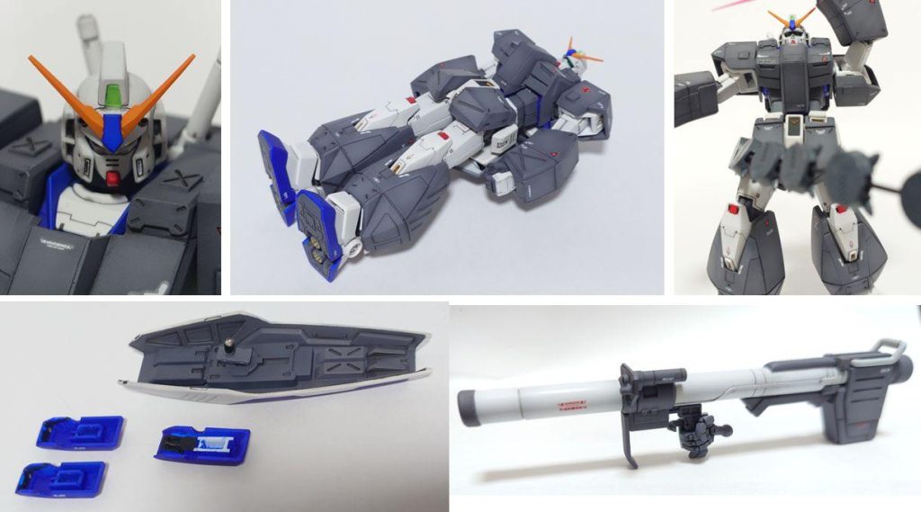 拡大写真は加工の粗が目立つので恥ずかしい・・・額にRX-78-NTと書きたかったけど、残念ながら小さくて無理でした。右はチェーンマインやめてーの図。シールド接続は、ガトリングカバーをプラ板で箱組して、シールド接続用のパーツを作り、オリジンの接続部を移植しています。意外にうまくできて良かったです。シールド側接続部は、オリジンではなく、HGジムから拝借し軸径を穴に合わせています。一応バズーカ作ったけどねじ曲がった手首のせいで持たせるのすごく大変・・・。