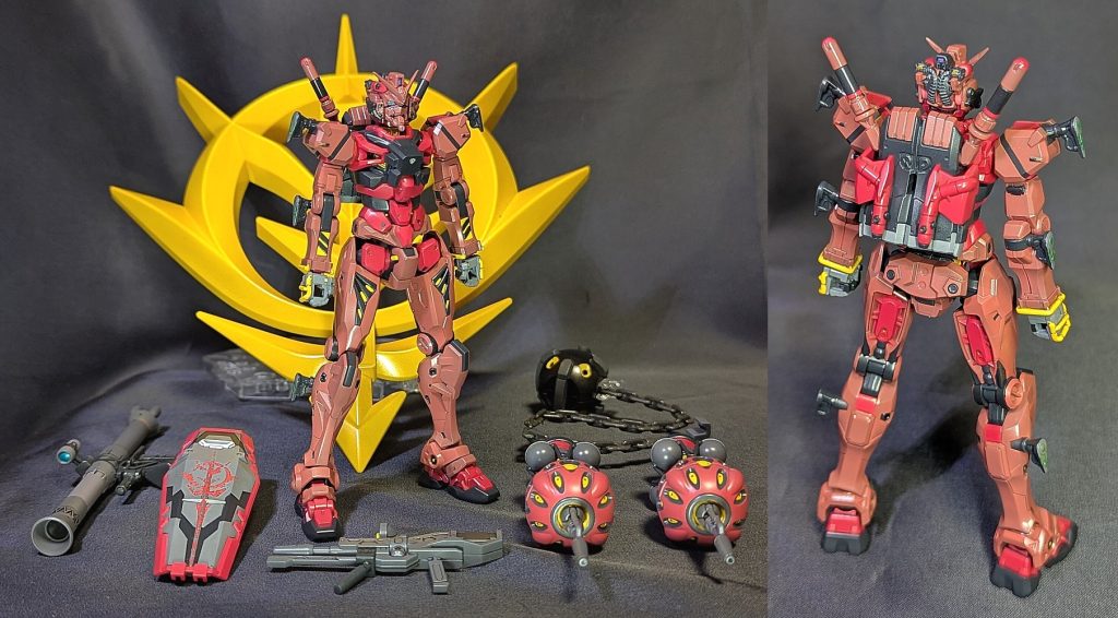 シールドのジオンエンブレムはシャア版を貼るつもりでしたが、水転写をミスってしまったので、泣く泣くシュウジ版にしました