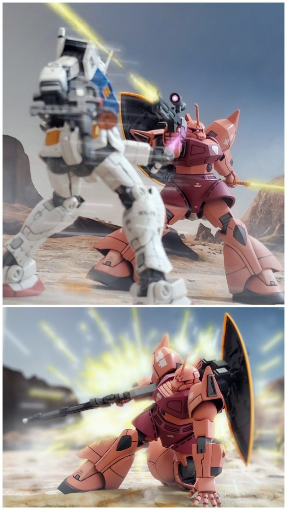 激戦の中、ガンダムの着地の瞬間を捉え、絶好のタイミングで至近距離からライフルを放つシャア。どんなエースパイロットでも、この瞬間の攻撃を避ける事は不可能。しかしガンダムは、その攻撃すら寸前で回避してみせる…。その驚異的な回避能力にシャアは驚愕する‼️『地雷原へ誘い込めば、ガンダムといえど…。』ニュータイプ能力がさらに覚醒していくガンダムに脅威を感じるシャアは、地雷原へと誘う。そして、コロニーの外壁に穴が空く程の爆発が広がる。『これでも奴は倒れてないだろう…。』撤収する時間を得たシャアは、即座にザンジバルに帰還。テキサスコロニーを脱出するのであった…。