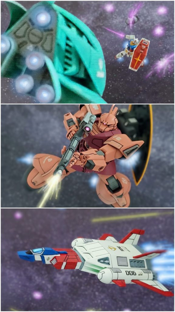 ビームサーベルで『ビット』をなぎ払い、ララァのMAエルメスへと接近するガンダム。その両者が近づいた時、ニュータイプ同士の共鳴が発現❗二人は互いに心で通じ、一瞬にして相手を理解し合い、敵味方の存在しない、わだかまりのない境地へと導かれて行った…。これを感じ取ったシャアは、ララァ・スンと同じ域に立つアムロ・レイに嫉妬と憤りを露にする❗『ララァ❗奴との戯れ言はやめろ‼️』『大佐❗』二人の間を裂くように大型ビームライフルを連射するシャアのゲルググ。『ガンダムと赤いモビルスーツ❗』戦場でその姿を見つけたセイラは兄キャスバルとアムロの戦いを止めたいがために、交戦エリアへとコア・ブースターを走らせる。