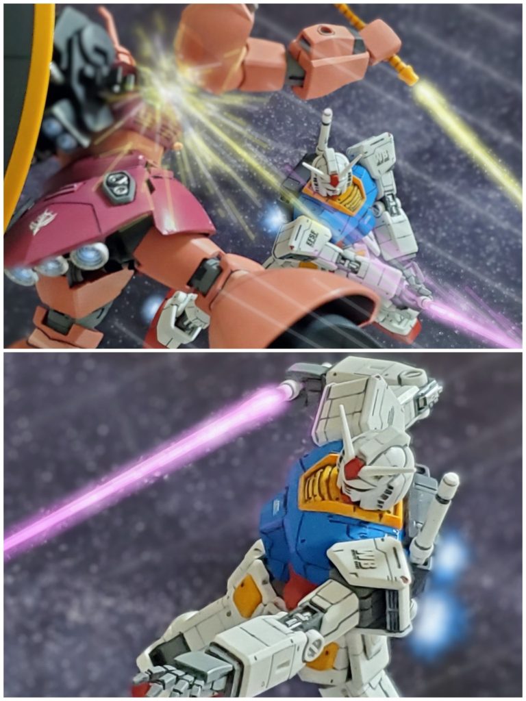 すぐに我に返り後方へ機体を振り向かすシャア❗だか次の瞬間‼️ガンダムの振りかぶったビームサーベルがゲルググの右腕を両断する。そしてついに戦闘能力を失ったゲルググに、トドメを刺すべくビームサーベルを構え、前に出るアムロ・レイのガンダム‼️『シャア、覚悟っ❗』