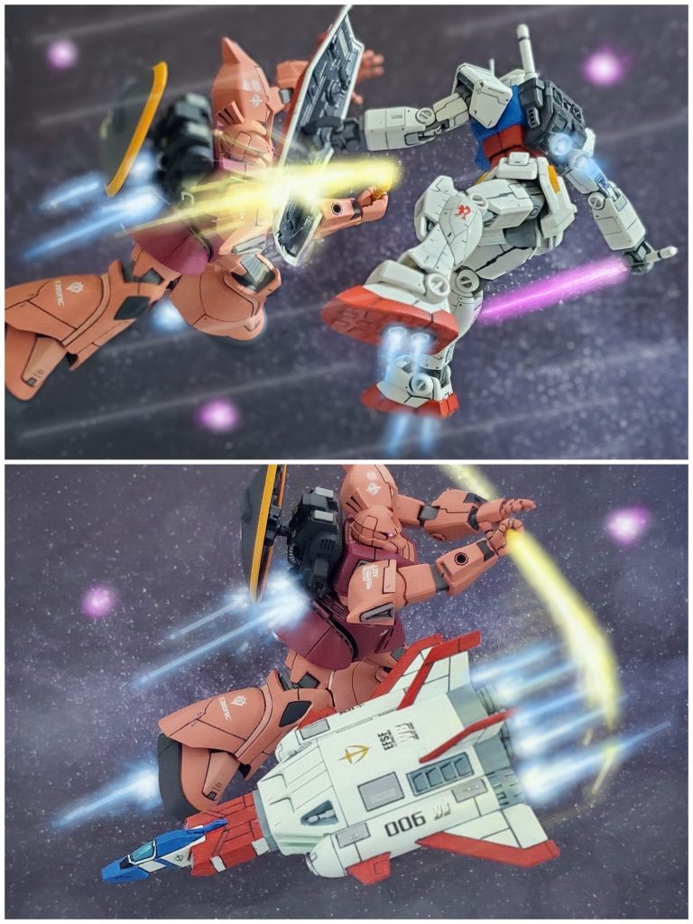 これまで以上の猛攻でガンダムに迫るシャアの先行量産型ゲルググ。両者は一歩も退かず、激しい攻防を繰り広げる。その二人の命の奪い合いを止めたいシャアの妹セイラは、コア・ブースターで両者の間を駆け抜ける。『兄さん❗やめてください‼️』……そして、その後の歴史を決定付けるその瞬間が訪れた…✴️接近してくるコア・ブースターのパイロットが妹のアルテイシアと知らずに、ビームナギナタの刃を向けるシャアのゲルググ。『大佐‼️いけません⚡』『なにっ‼️』咄嗟のララァの呼び掛けに反応し、ビームナギナタを連邦の戦闘機から反らすシャア。そしてすれ違いざまに戦闘機のコクピットに座るのが妹である事に気付く…。『アルテイシアか……。』ガンダムとの交戦中に愛する妹の姿を見て一瞬の隙が生まれてしまったシャア…。そして、後方からの接近を知らせる警告アラームが強く鳴り響く。