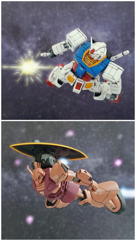 エルメスの消滅により戦闘宙域から離れていくガンダム…。自らの過ちに涙を流しながらアムロ・レイは帰還するのであった…。ララァの命と引き換えに生き延びてしまったシャア・アズナブル…。ゲルググのコクピットで、その事実に打ちひしがれていた…。『今の私ではガンダムを倒せん…ララァ…私を導いてくれ…』シャアのマスクの下を一筋の涙が流れ頬を伝うのであった……💫以上、私の半分妄想イメージによるシャア専用先行量産型ゲルググ (試作追加装備仕様) の活躍でした～🙌🎶