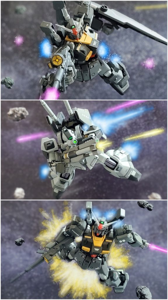 『フフフ…たった一隻で現れるとはな…捕獲するにはちょうどいい…。あの白い機体はゼロにやらせろ❗我々は前方の戦艦を捕獲する…エゥーゴとアナハイムの繋がりをハッキリさせてやる…。』アレキサンドリアのバスク大佐は部隊全体にデータにない前方の戦艦の捕獲作戦を命ずる。そして、ゼロ・ムラサメのガンダムMk-II 試作0号機は命令に従い、驚異的な火力を見せたリック・ディアスに対し攻撃を開始する。機体性能とパイロットが尋常ではないガンダムタイプから繰り出させるビームライフルの攻撃を、回避し続けるリック・ディアスのウルフ大尉。『あれが試作機のガンダムMk-II…この攻め方、パイロットは若いな…戦闘力は高いが前に出過ぎだ。』冷静に相手を分析しながら射撃タイミングを読み切ると、カウンター気味に通常ライフルモードでビーム弾を数発放つ❗的確な射撃の前にシールドを消失したガンダムタイプは爆風の中からビームサーベルを抜きリック・ディアスへと迫る。