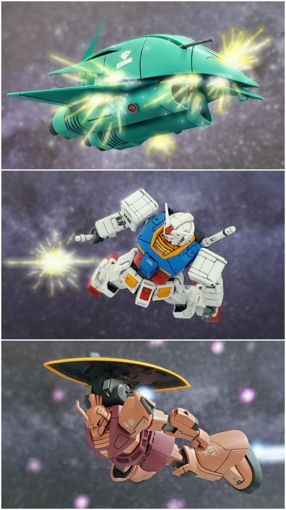 エルメスの消滅により戦闘宙域から離れていくガンダム…。自らの過ちに涙を流しながらアムロ・レイは帰還するのであった…。ララァの命と引き換えに生き延びてしまったシャア・アズナブル…。ゲルググのコクピットで、その事実に打ちひしがれていた…。『今の私ではガンダムを倒せん…ララァ…私を導いてくれ…』シャアのマスクの下を一筋の涙が流れ頬を伝うのであった……💫以上、私の半分妄想イメージによるシャア専用先行量産型ゲルググ (試作追加装備仕様) の活躍でした～🙌🎶