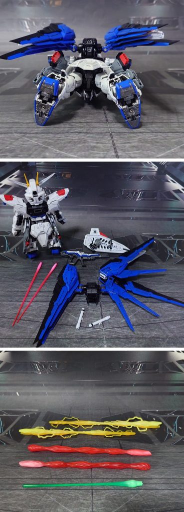 下からのアングルと付属品一式。MGフリーダムガンダムVer.2.0用の拡張エフェクトセット(プレミアムバンダイ限定の別売り)が使えそうだったので、未開封中古品を中古販売業者から購入して塗装、撮影に使用してみました。