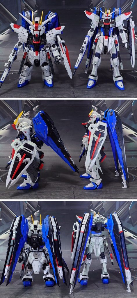 RGフリーダムガンダムVer.GCPとの比較。■塗装レシピ・MGSDフリーダムガンダム白：パーツ裏側に黒サフ→パーツ表側にグレーサフ→パープルヘイズ→キャラクターホワイト→光沢濃青：黒サフ→ダークブルー→光沢青：黒サフ→キャラクターブルー→光沢赤：グレーサフ→MSレッド→光沢黄：白サフ→イエロー→光沢グレー：黒サフ→呉海軍工廠グレイ→光沢銀：黒サフ→シャインシルバー→光沢間接類グレー：黒サフ→ブライトガンメタル→光沢ツインアイ・頭部カメラ・ビームライフルセンサークリアパーツ：光沢ウイングバインダークリアパーツ：裏側に市販シール素材→光沢ビームサーベル刃：先端側にメタリックレッド→根元側にベースホワイト→全体に蛍光ピンクその他部分塗装、墨入れ：ガンダムマーカー各種・MGフリーダムガンダムVer.2.0用拡張エフェクトセットビームライフル用エフェクト：先端側にメタリックグリーン→根元側にベースホワイト→全体に蛍光グリーンバラエーナ用エフェクト：先端側にメタリックレッド→根元側にベースホワイト→全体に蛍光レッドクスィフィアス用エフェクト：先端側にクリアイエロー→根元側にベースホワイト→全体に蛍光イエロー