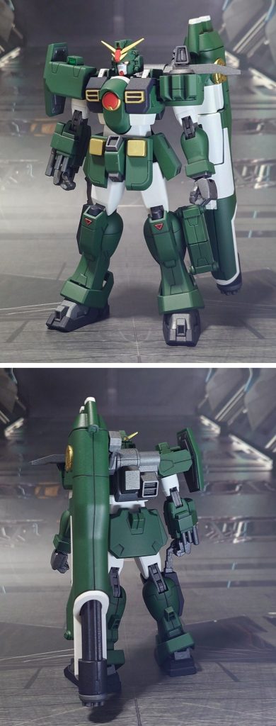 ガンダムレオパルドの前後ろ。工作は、ゲート痕再処理、パーティングライン・段ズレ・ヒケの対処、面出し、肉抜き穴埋め、穴開け、市販ディティールアップパーツの貼り付け・埋め込み、削り落としによるディティールダウン、可動軸への真鍮線打ち込みを実施。合わせ目については、段落ちモールド風に偽装して誤魔化しました。