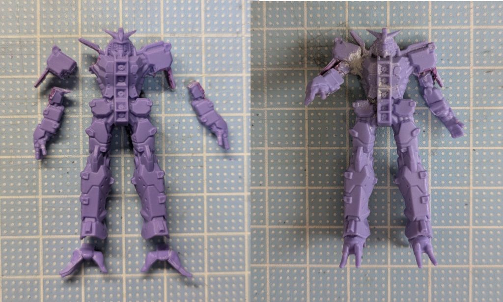 赤いガンダムと同じ様にベンゼンに半日ほど漬けて固くしてからバラバラにしました。アンテナは出来るだけ細く尖らせています。サイコガンダムは肩と二の腕に板状アーマーがあるので切り離しがちょっと大変でした。