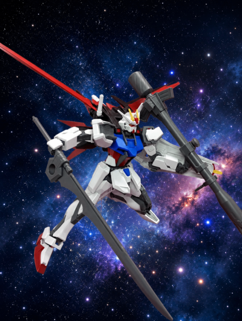 二つ目は、EGストライクガンダムオプションパーツセットのエールストライカーを装備したエールストライクガンダムの状態ですエールストライクに加えて入手方法がちょっと特殊だった武器も付属してるお得なキットですよね&nbsp;やはりSEEDと言えばデカ武器のイメージが強いです