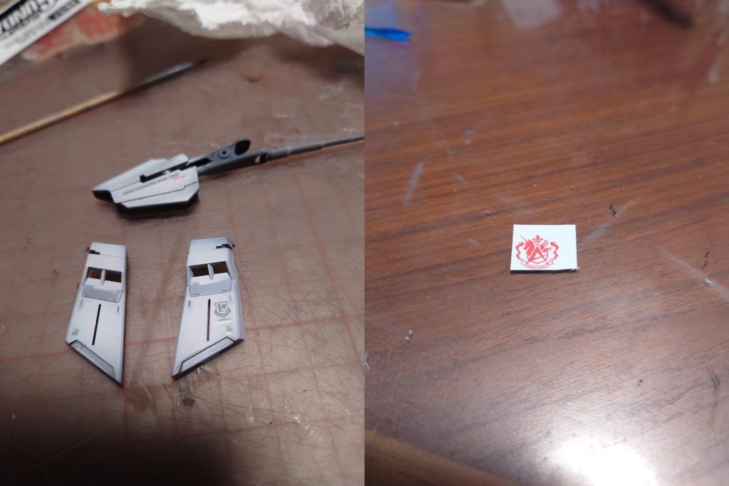 デカールはHi-νガンダム用のガンダムデカールのほか、νガンダム用、ORIGIN汎用4、HGUCユニコーンガンダム用、MGHi-ν用等を使用しています。シールドのデカールは適したのが無かったので、MG Ver.kaのデカールをスキャンして縮小し、水転写デカールを自作しました。
