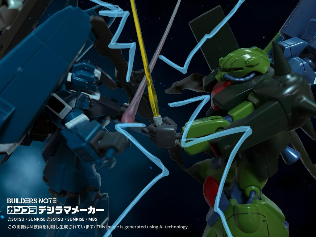 　片方をビーム・サーベルに持ち替え、アルム機の斬撃を防ぐ。「そんなこけおどしで！」　エイドリアンは敵機のその声に懐かしさを覚える。「アルム……アルムなのか？」　アルムも相手の声に気がついた。「まさか……エイド……」「アルム……何故！」