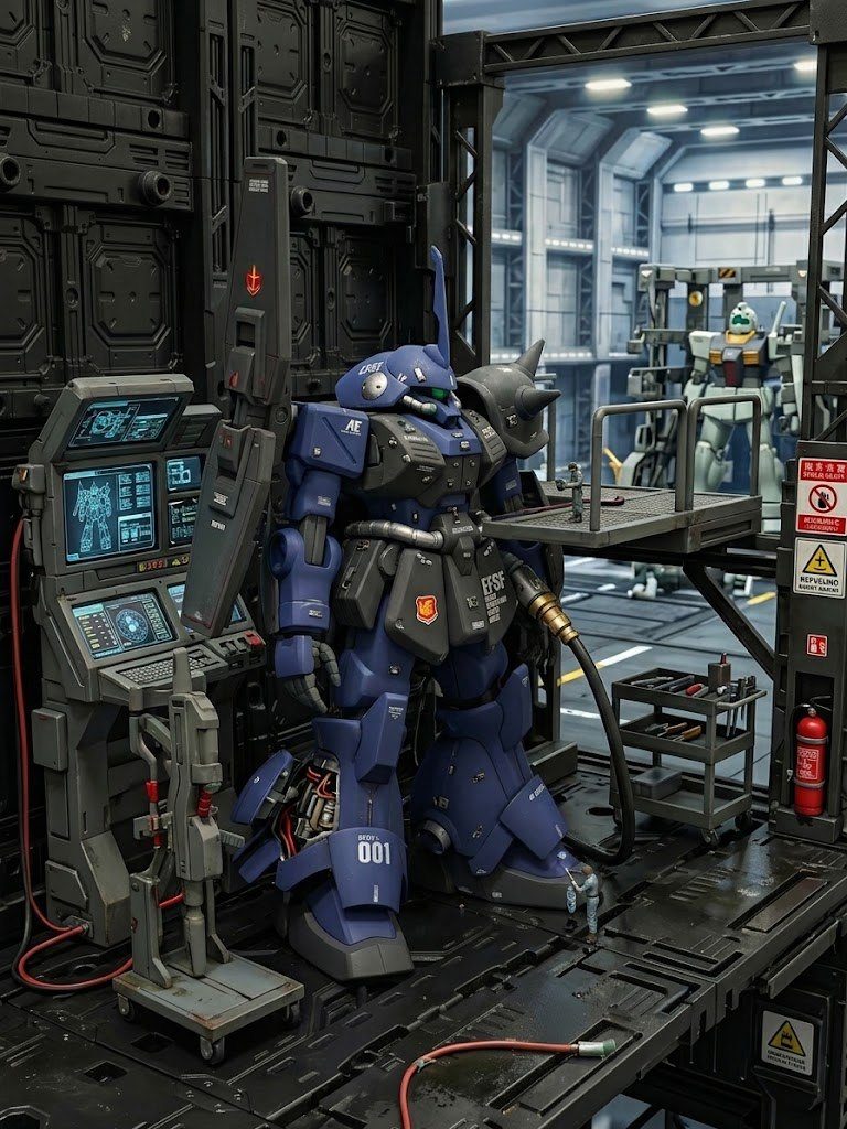 凄いですねぇ(gundam-kao5)ＡＩに基地で整備中の画にしてって頼んだら作ってくれるんだから(gundam-kao5)