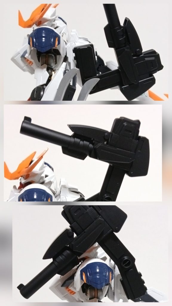 ショルダーキャノンですが折り畳んだり、ある程度きつい角度まで動かせます😉ガンスタ内にもいらっしゃる、格好いい武装をプラ板やジャンクで自作されている凄腕💪のモデラーさん方に憧れて制作し始めた頃のモノですが、なかなか組み合わせなんかも難しくて😅テトリスのブロック🧱❓を積んだみたいな感じになってしまいました🤣　