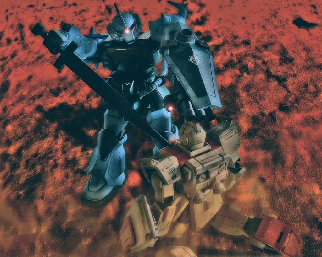 「…これが貴様らの戦争のやり方か？」力無く項垂れるジムのパイロットにノリスは聞く。「地球へコロニーを落とし、多くの人々の生命を奪った我々も責められる立場でない。だがそれを承知の上で言わせてもらう」ノリスは言葉を続ける。「我々が宇宙から来た悪魔なら、貴様らとて地球の重力に縛られた「外道」そのものだ。絶った命の数はもはや問題ではない。人を人として見ず、ただの兵器として扱った貴様達の行為こそ鬼畜の所業！…そんな相手を前に私も冷静ではいられない！」グフカスタムはジムの首を刎ねるとヒートサーベルをコクピットに突き刺す。一撃で仕留めるとジムはゆっくりと前に倒れた。