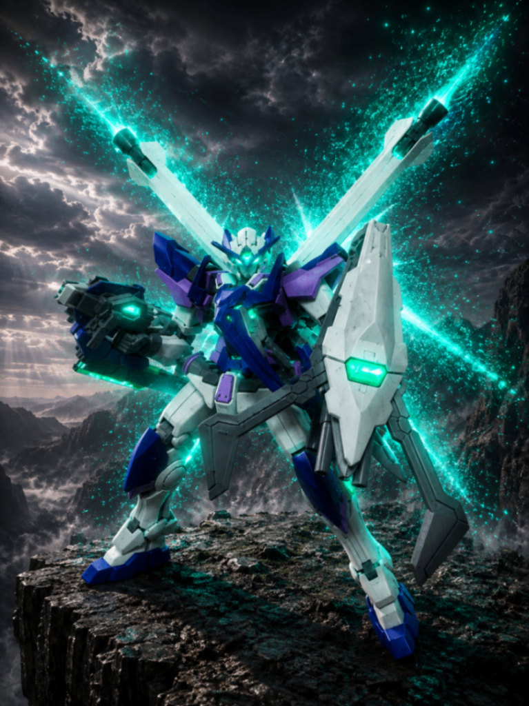 左腕のシールドはアメイジングエクシアのシールドにガンダムベース限定オプションセットにあったパーツをクローっぽくしたと思います。シールド先端には何かしらの銃口を付けてダブルビームシールドクロー（長い）的な物を作りました。少ないですが、見ていただきありがとうございました。