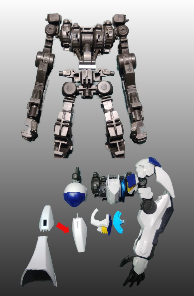 おまけ今回のメイン改造。ボディフレームの余剰パーツはそのまま使い、本チャンのパーツをぶった切り、リアクターを増設。少しずらして、いかり肩に。胴体は２ｍｍ延長肩の増加装甲はEGνガンダムの膝。内側のリアクターガード（メタルブルー）を追加。