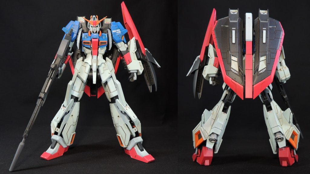 ゼータガンダム(ライトニングゼータガンダムベース)のフル装備の状態です。(2021年の再掲)これはこれで、力強いフォルムが魅力の機体に仕上がったと思います。