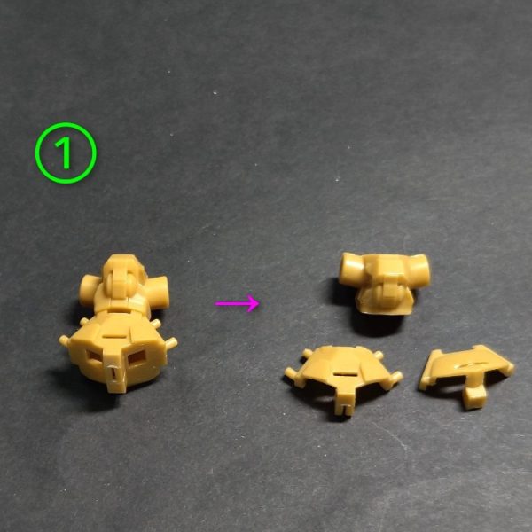 アーティファクトリックディアスの腰下の加工になります。①の画像で左側の元キットの状態から紫色の矢印のように切離します。②の画像で内部フレームを積層プラ板で製作します。③の画像でこの先の加工でバラバラになってしまう為にこの時点でしっかり接着します。④の画像でこのキット構造が独特でスカート内部にフレームがあるので、可動化の為に白色の矢印の部分を切り取ります。⑤の画像で切り取り後はこんな感じに。⑥上部から見てこんな感じに。この状態からその2へ続く🙏（1枚目）