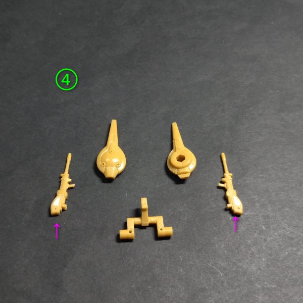 アーティファクトリックディアスの武装、その他の加工になります。①の画像でキット付属のクレーバズーカを積層プラ板で自作します。まずは寸法をだしてプラ板を切り出します。②の画像で接着、スジ彫り後完成。黄色の矢印の部分はグリップを可動式にしました。これで肩に担げます🤣元キットとの比較で元の方が短くてモールドも甘かったので自作を決意。なかなか良い感じになりました🤣③の画像で使う予定があったのと、どうせ製作工程が一緒なので三丁量産しました🤣④でその他の装備類を。リアのバインダー周りは面出しとモールド彫り直しで。紫色の矢印は、ビームピストルの空隙をプラ板で埋めて整形しました。⑤の画像でビームサーベルを自作しました。ビーム部は過去に作ったキットのクリヤーグリーンのランナーをとっておいたのを削り出して整形。サーベル本体は2ミリプラ棒で整形。取付け補強用に1ミリアルミ線で接続。だんだんゴールが見えてきましたね😊（4枚目）