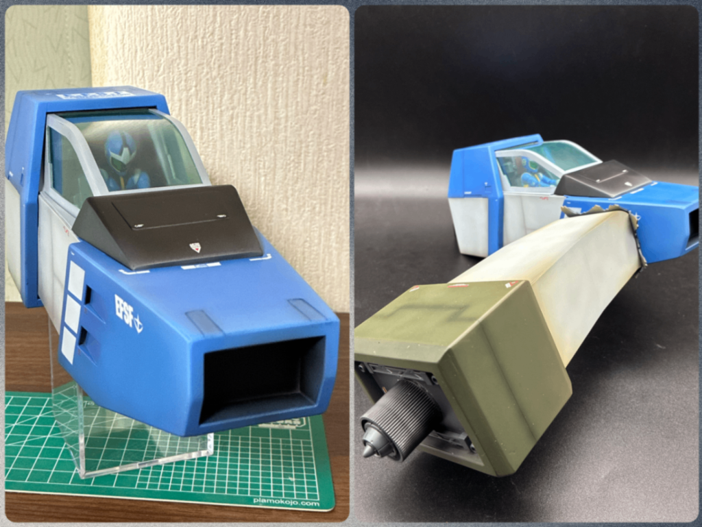 1/35ともなると、コアファイターの機首といえどとにかくデカい！勝手にパースがかかり迫力が出るのは嬉しいですが、同時に撮影も難しかったです😅対空防御を刺すために穴を開けるのはもったいないので、爪先の方を落としてめくれた装甲も爪側に貼り付け、まとめて磁石固定としました…が、これまた重くて愛用の磁石を4隅に貼る程度では全く固定できず、慌てて大きな磁石を購入。ところが、固定できたらできたで今度はコアファイターが重量を支えられず崩壊😱補修パーツを追加製作する事になりました😅
