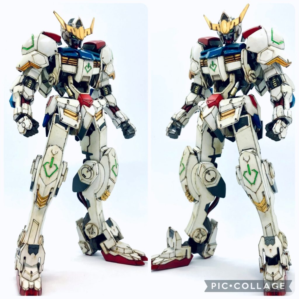 ガンスタモデラー様のバルバトス投稿作品を見て制作意欲湧き、初めてのオルフェンズシリーズです。実はこの作品は見たことなく😅、箱絵や投稿作品を見て推測、バルバトスは地上戦多く機体は汚していいと判断しウェザリング強めに仕上げました！😸