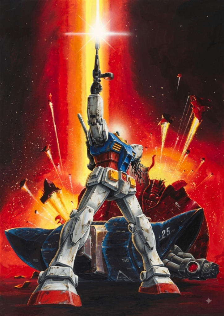 「名画の背景はそのままに、ガンダムをプラモと入れ替えて」とお願いしたのが表紙絵のこちら。左肩からウネウネ生えてますが、構図はそのままに各パーツは今回のプラモがベースになっているようで、ハゲチョロも再現されていて結構気に入ってます(gundam-kao3)プラモで再現すると中々難しいポージングですが組立体験会の面白い使い方ができたかなと満足してます(gandam-hand1)。皆様も積んでる組立体験会を改造体験なり、AI加工も含めてお子様の自由研究？なりに活用してみてはいかがでしょうか(iori_sei)
