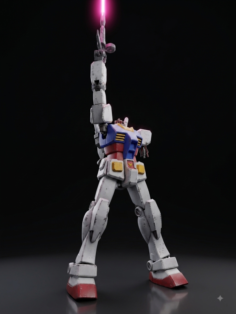 前作からハマったAI加工。「３Dモデルにしてライフルからビーム打って」とGeminiにお願いしてみました。壊れたところから謎パーツが生えてるのはご愛嬌(gundam-kao10)