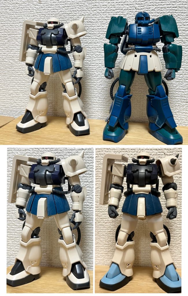 最初は連邦仕様のF2ザクでしたスカート部分を以前製作したザクマリナーと交換。そのまま放置してました。今回、やっと中途半端にミキシングされたF2くんを更にミキシング、スタイル改修して完成させました。改修ポイントは以下の通り。・モノアイにLEDを仕込み・首を1mm短縮・上腕を1mm延長・左肩のアーマー軸は下方向へ若干移動・左肩アーマーのトゲをコトブキヤのものと置換・腰を1mmから2.5mm程傾斜を付け・スカートはザクマリナーと置換・太ももを3mm延長・膝の中、外を削り込み(立ち姿を良くする)・足(スリッパ)はグフカスタムと置換+可動領域を広げるため中の干渉部位を削り込み