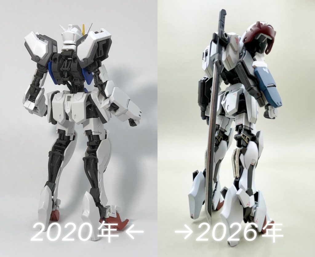 2020年に作製した作品と並べて比較。使用しているパーツも異なりますが、こうして並べてみると、6年前と比べて自分なりに製作技術も少しずつ上がってきたのかな……と感じます。以前の作品に「もう一度挑戦する」というのも、当時の自分と今の自分を比べることができて面白いですね。改めてこの作品と向き合ったことで、ミキシングの面白さと奥深さを再発見することができました。今回はこの作品でもミキシングコンに参加させていただきます！2020年版から6年。少しは「ほぼバルバトスじゃん！」から卒業できたでしょうか（笑）。