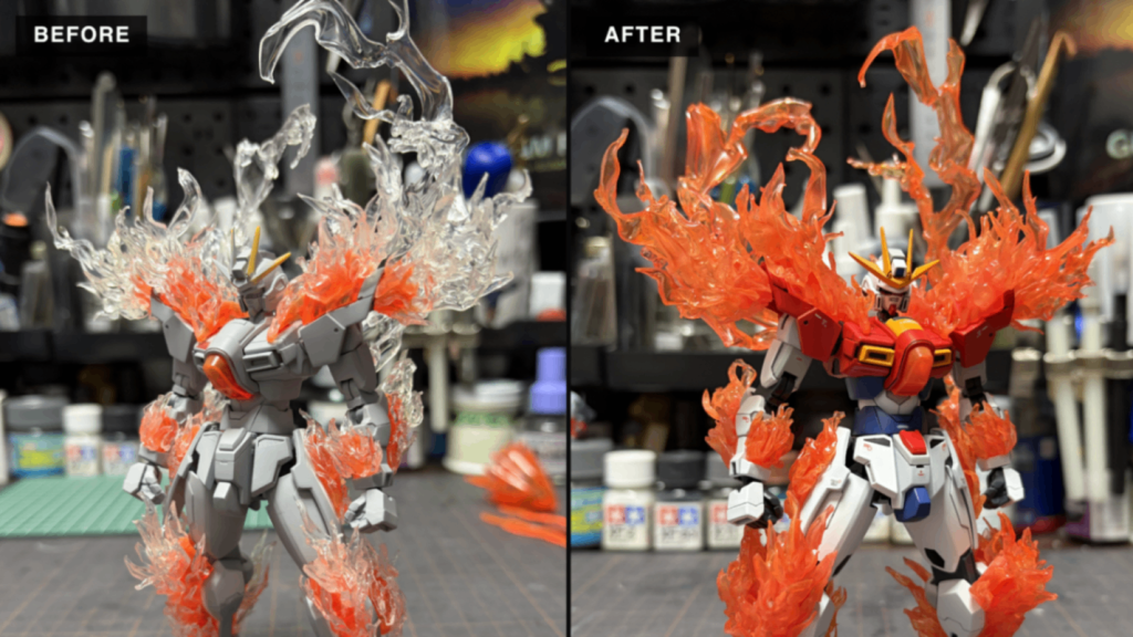 ビフォーのクリア部分が自作。接続の都合上ゼロから全てってわけにはいかないです。立ち昇る炎ひとつづつ接着してます。細かく貼りまくるほうが見栄えいいしコントロールしやすいです。