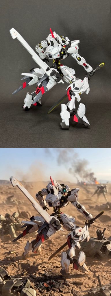 最後まで見ていただきありがとうございます(*'ω'*)バルバトスアダプトの新フレームは肩周りがかなり柔軟に動くのでポージングがかなり決まりますね٩(*'ω'*)وオリジナルガンダムフレームなので、どの序列にするかかなり悩みましたが…結局、設定ガン無視で響きが好きなサレオスにしました！今回のカラーリングは行き当たりばったりだったからか、完成してみるとなんとなくマルコシアスっぽいカラーリングになってしまいました(笑)フレーム部分とメインカラーのホワイト、センサー類以外は今話題のアクリルマーカーペンで塗りました！めちゃくちゃ手軽で楽しかったです(*'ω'*)