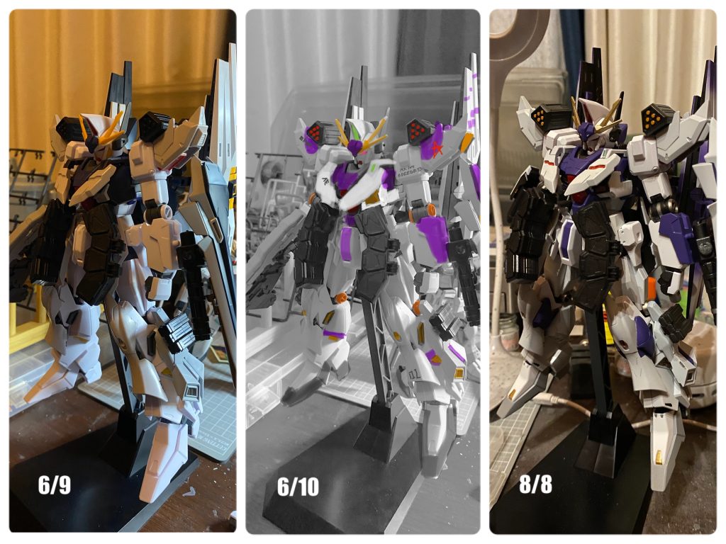 写真フォルダを遡っておおまかな経過を振り返ると、前作完成後、あまり日を置かずに制作に入り、6月9日の時点では、もう工作はほぼ完了しています。翌日には、塗装イメージも固まり、そのまま塗装に入ったんですが、今回、まず最初に手を付けた白色の塗装でつまづいてしまうんです。白の塗装って、ガンダムタイプの塗装ならまず一番多く塗る基本中の基本の色ですよね？今回は白パーツに大判のデカールを貼っていくことを想定して、なるべく平滑な塗面に仕上げたいと考え、白い成形色のパーツはサフレスで、いきなりホワイトを塗り初めます。1/144とはいえ設定上かなり大柄な機体で、全身に吹くとサフの量もバカにはなりません。そういった節約思考もありました。ガンプラ塗装も数年続けて、油断というか慣れもありました…「白ぐらい簡単に塗れる」「基本中の基本でつまづくポイントじゃない」──でも、ここで盛大に失敗してしまうんですね〜😭「白いパーツに綺麗に白を塗る」という事が、いかに難しいかを、改めて思い知らされ、「自分の理想の白塗装とは？」と、思い悩みます。←多分、今回はここで一番時間が停滞しました。そして、「自分の今の腕では、やはりサフは必要」との結論に至り、グレーサフ→白塗装とやり直しました。デカール貼りの前段階まで終わったのは8月8日の事でした。そこからもお盆時期の仕事の繁忙期があり、なかなか以前と同じ様に毎日模活する気にはならない日々は続きましたが、こうしてようやく皆さんにお披露目出来ます。