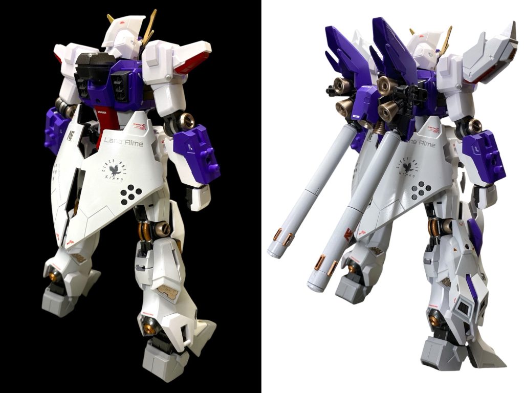 バックショット。オデュセウス単体だと、やたらとデカいリアスカートが目を引く部分であり、上記の白塗装のこだわりが一番出た部分ですかね。バックパックは、シナンジュスタインからそのままもらいましたが、Hiνガンダムの雰囲気にはかなり近づけたかと思います。