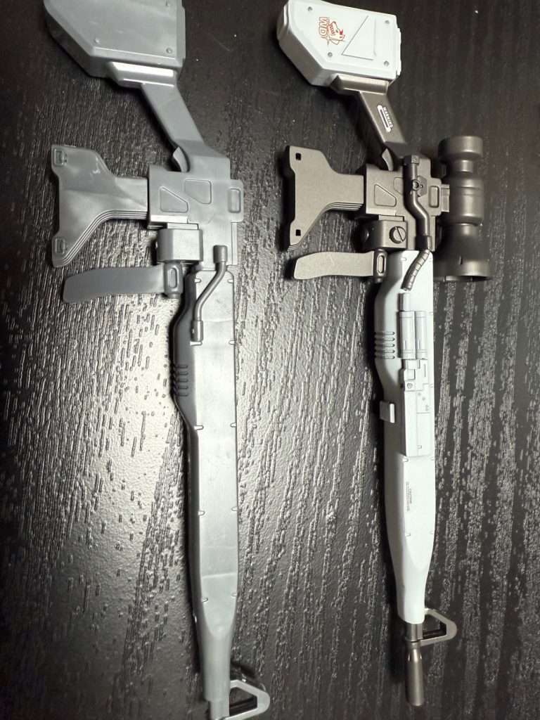 スナイパーライフルが、陸戦型ジムに付属していた古いもののため、そのままではなく、プチ改造しました！パイプっぽいところは、ザクのヒートホークです😃いい使い方が見つかりました