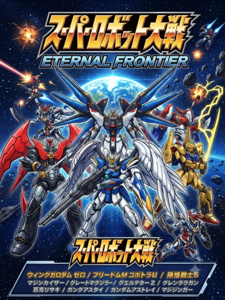 手持ちのガンプラ、ガンプラ以外のマジンカイザー、真ゲッター、サーバイン、グレートマジンガーでスパロボ風に仕上げました。サーバインとグレートマジンガーは何故か消えていました。収録ロボットの名前から、面白いです😅
