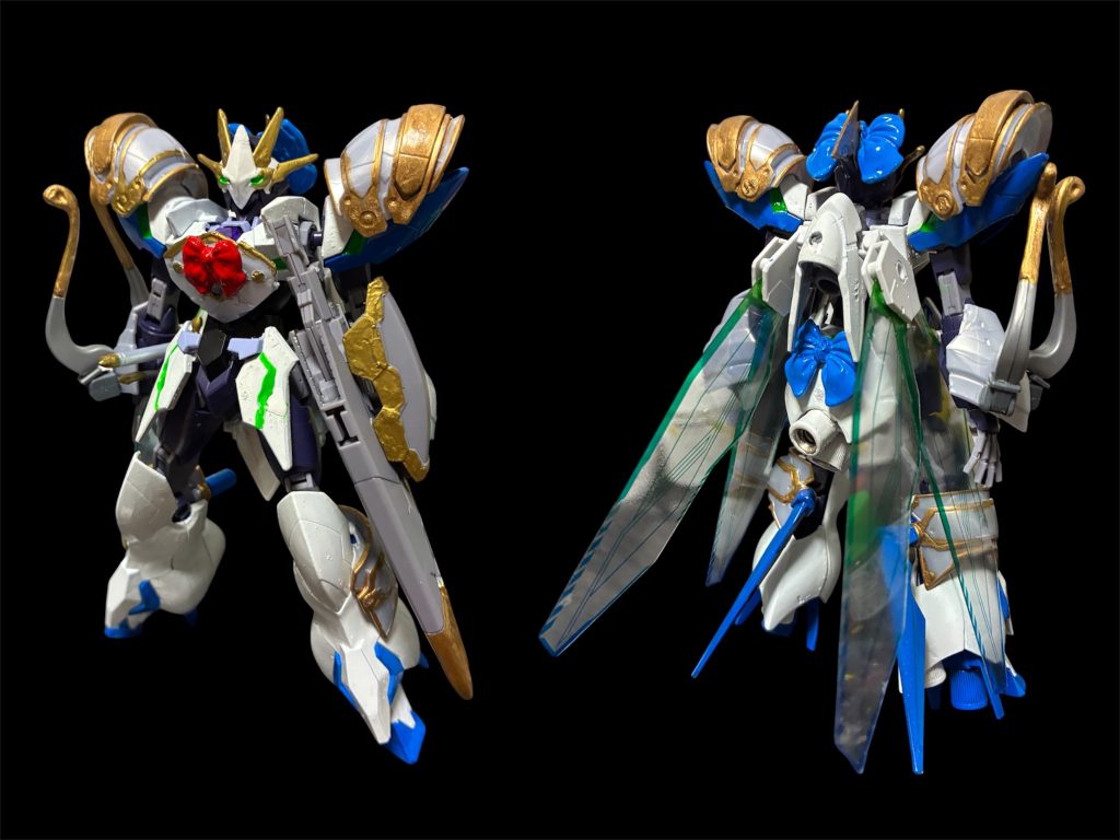 アルマエンチャンターガンダム。ジョブに目覚め、クラスアップした姿。30mfローザンエンチャンターのパーツとミキシング。「エンチャンター=付与師」らしく自分の武器に風を付与した武器・攻撃ができる。
