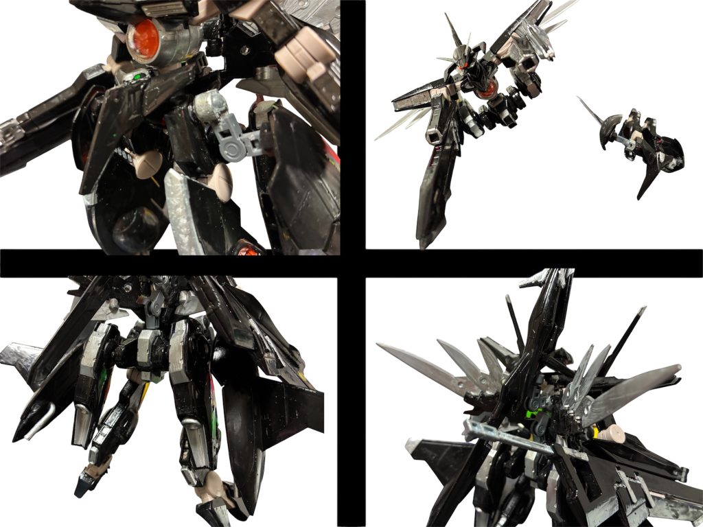 主な改造箇所は、左上からフロントスカートに追加したモノアイとサイドスカートをサブアーム追加で、分離時のメインアームに。2枚目は、分離合体機構により二機に。3枚目は腰に塗装したミラソウル社ブースター。これは分離時ノワールブラスターの下半身に。4枚目は葛葉さんのストグラの衣装の一つをモデルにしたウイングバインダーを30mm ウイングユニットで再現^_^