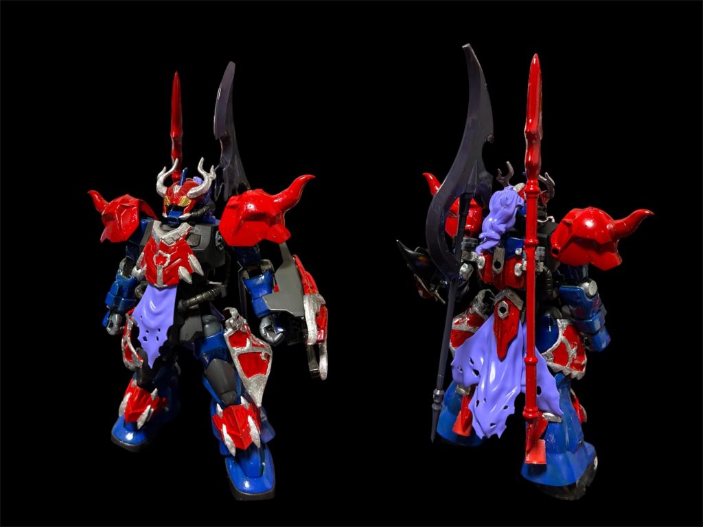 マントを外した状態。30mfローザンウォーリアのアーマーを加工して。一部既存パーツと交換しつつ装備。そのせいか、思いっきり和洋の折衷って感じのデザイン。アーマーパーツの固定はバインダーガンの接続パーツを使ってます。